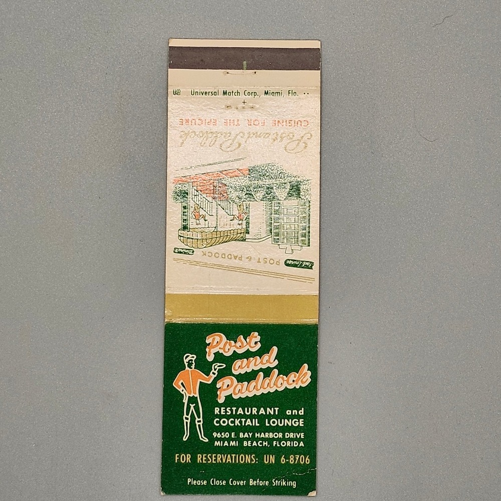 Vintage Post and Paddock Restaurant Miami Beach Florida Matchbook